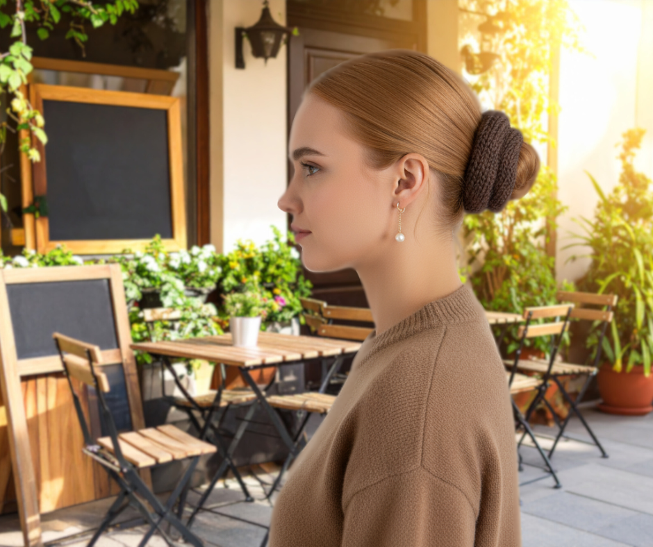 rustic brown wool cocao scrunchie on model