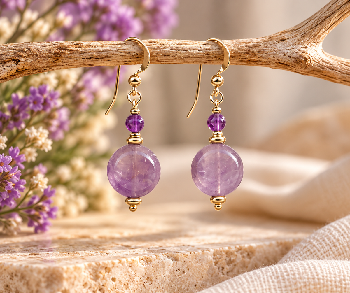 Amethyst semi-precious stone earrings with gold-filled findings