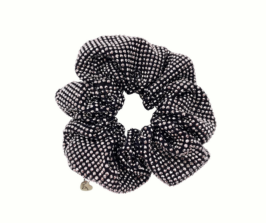 Black scrunchie with grey rhinestone and heart charm on white background