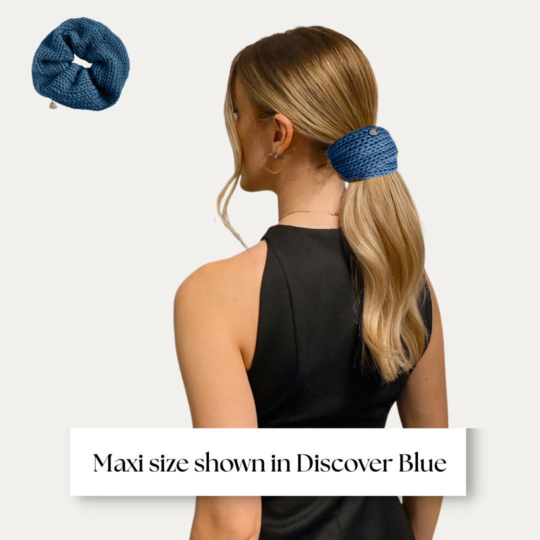 Maxi size scrunchie shown on model in black dress on light grey background.