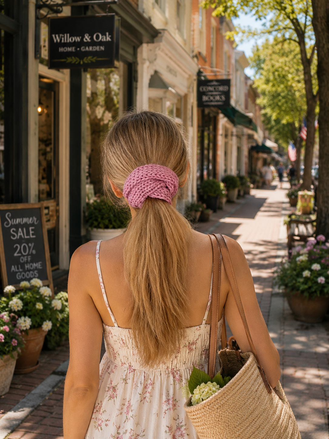 Woman with a pink scrunchie in her hair walking down a street lined with shops and plants.