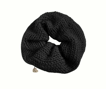 black knit scrunchie with heart charm on white background