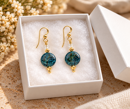 Blue-Green Apatite and Quartz Crystal earrings designed exclusively for Le Joyau