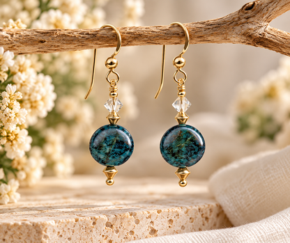 Blue-Green Apatite and Quartz Crystal earrings designed exclusively for Le Joyau