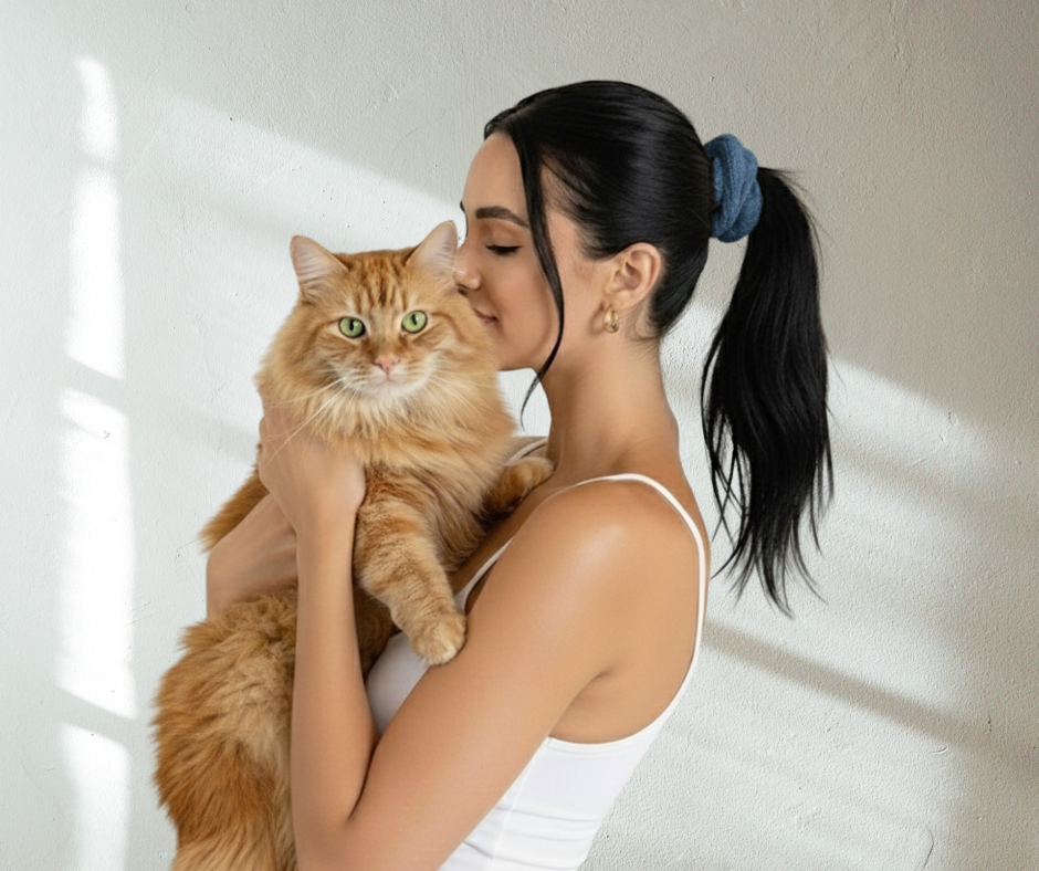 blue knit scrunchie on model in t-shirt holding a orange tabby cat against light background.