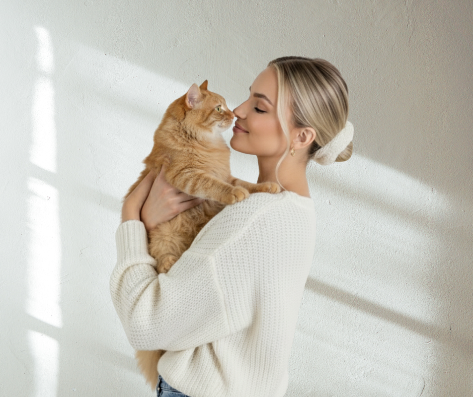 Woman wearing cream white knit scrunchie holding an orange cat against a white wall
