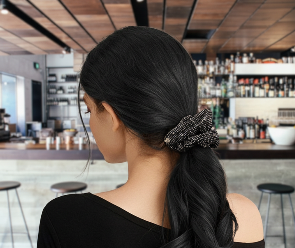 Grey rhinestone scrunchie on black-haired-model in restaurant.
