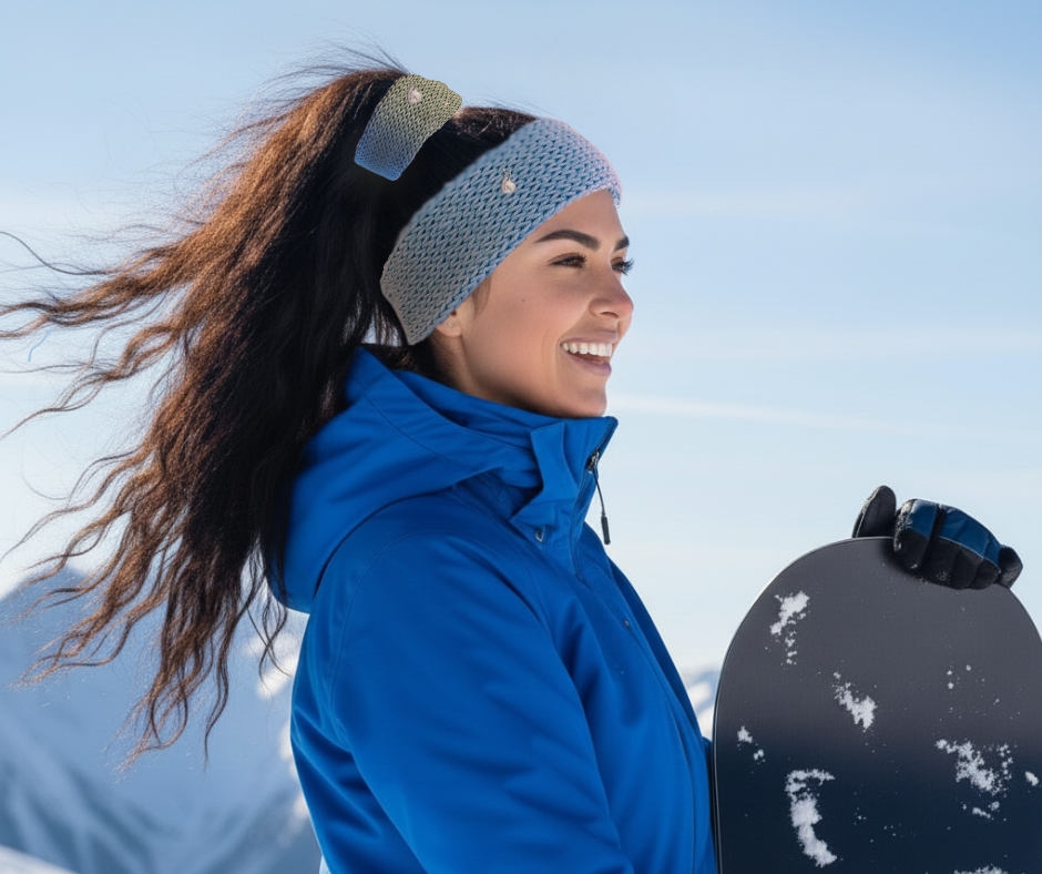 blue  merino wool headband and scrunchie on model outdoors in winter.