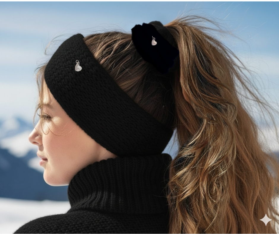 Woman wearing a Merino Wool black knitted headband with heart details against a snowy mountain background