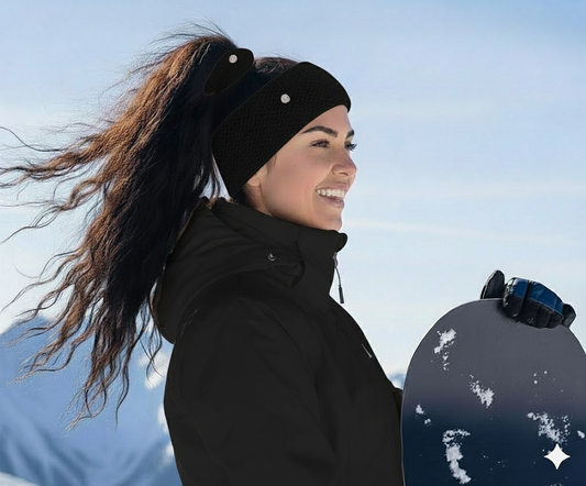 black merino wool headband and scrunchie on model outdoors in winter.