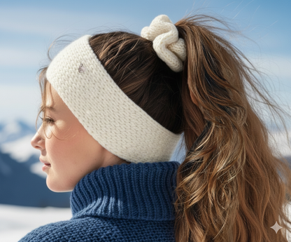 Woman wearing a cream white Merino wool knitted headband and scrunchie with a blue turtleneck sweater against a snowy landscape.
