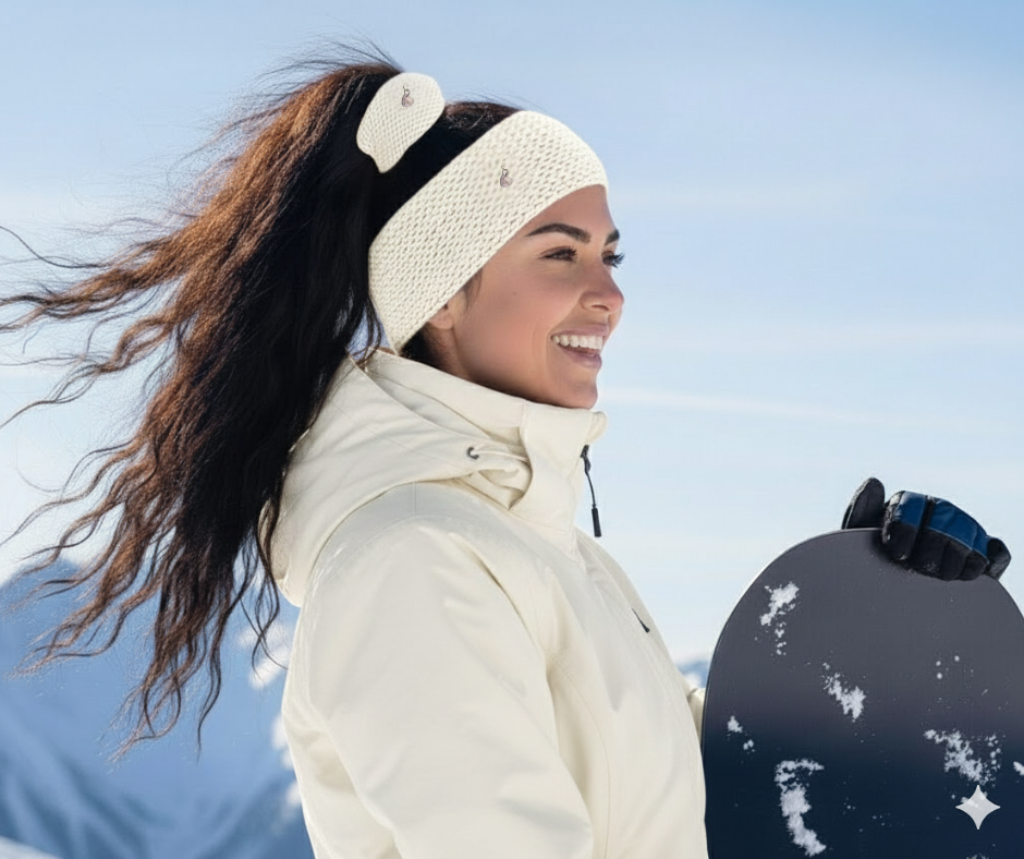 cream white merino wool headband and scrunchie on model outdoors in winter.
