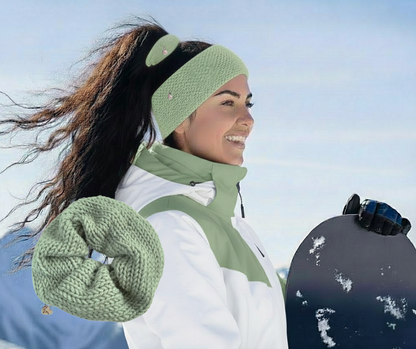 soft green merino wool headband and scrunchie on model outdoors in winter.