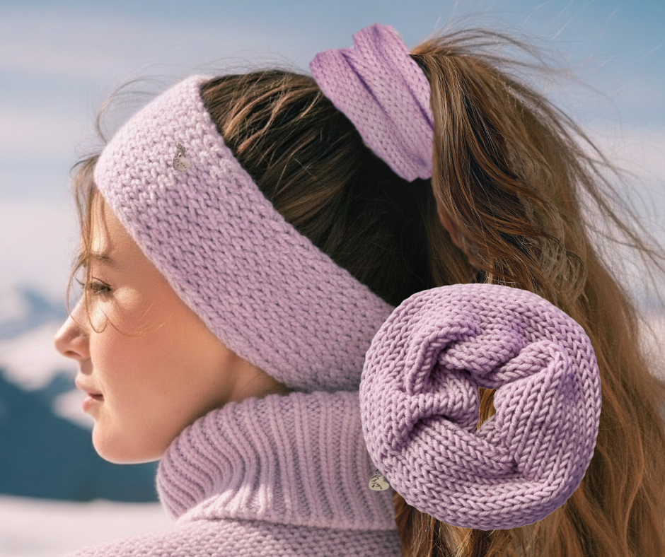 lilac pink merino wool headband and scrunchie on model outdoors in winter.