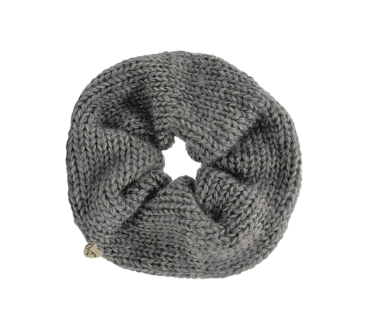 Knit wool scrunchie in rustic grey on white background.