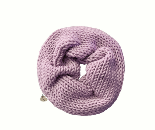lilac pink knit scrunchie with heart charm on white background