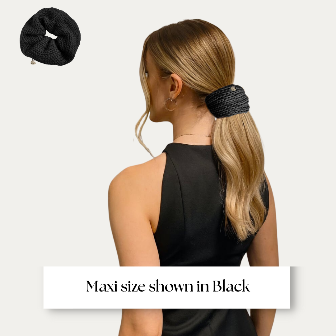 Maxi size scrunchie shown on model in black dress on light grey background.