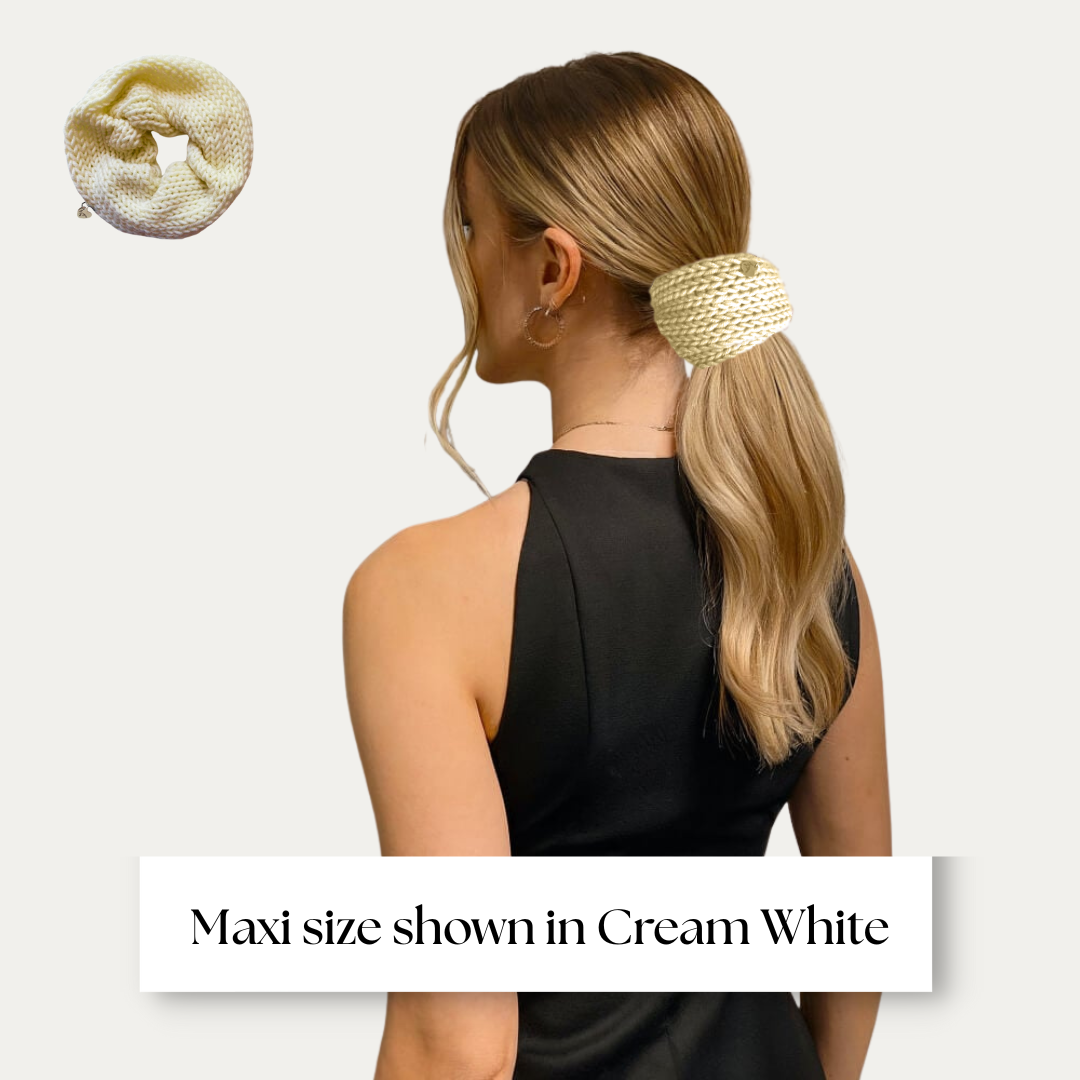 Maxi size scrunchie shown on model in black dress on light grey background.
