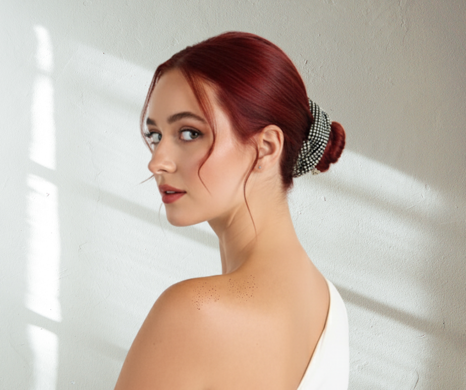 silver rhinestone scrunchie on model with off the shoulder white dress.