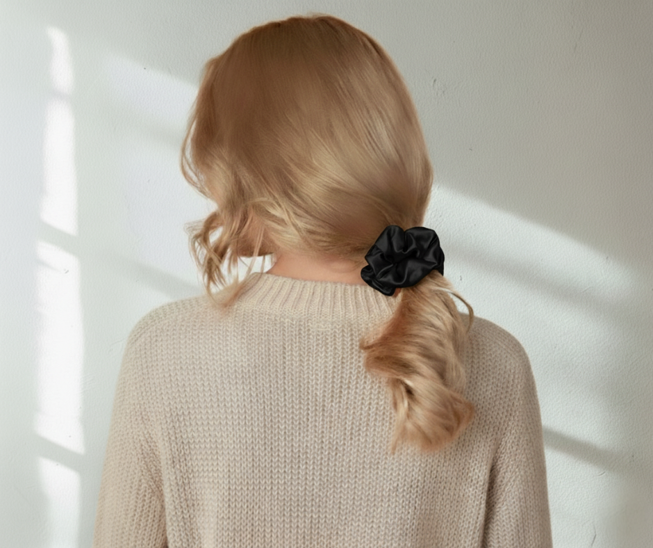 Onyx black colored silk scrunchie on model with low ponytail looking away on light background.
