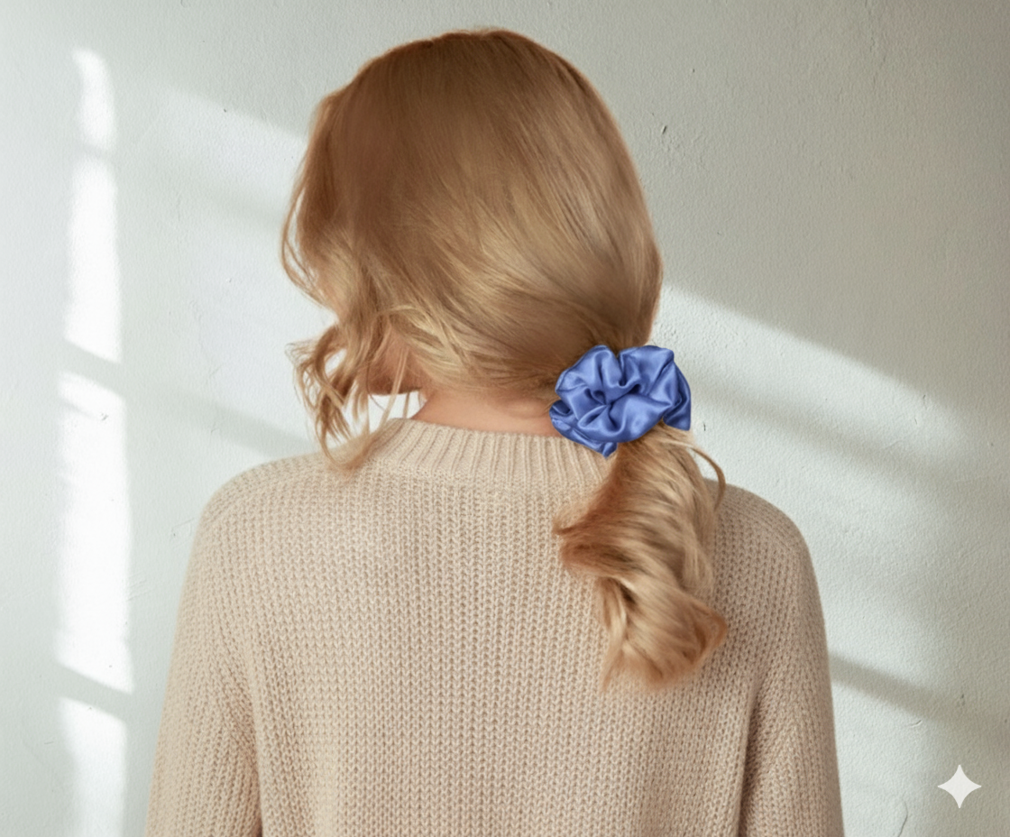 Person with pacific blue colored silk scrunchie in their hair against a light background