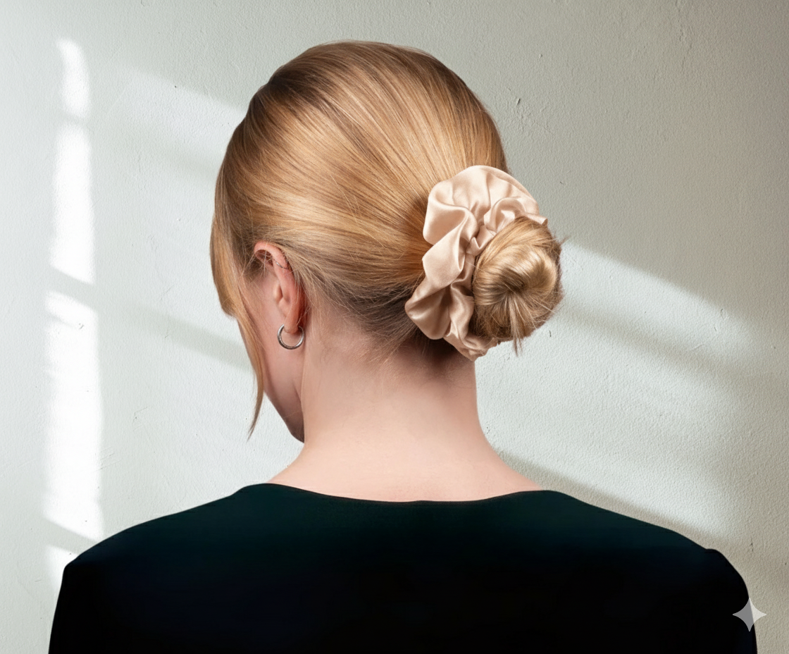 silk champagne colored scrunchie on model with low bun on whitish background