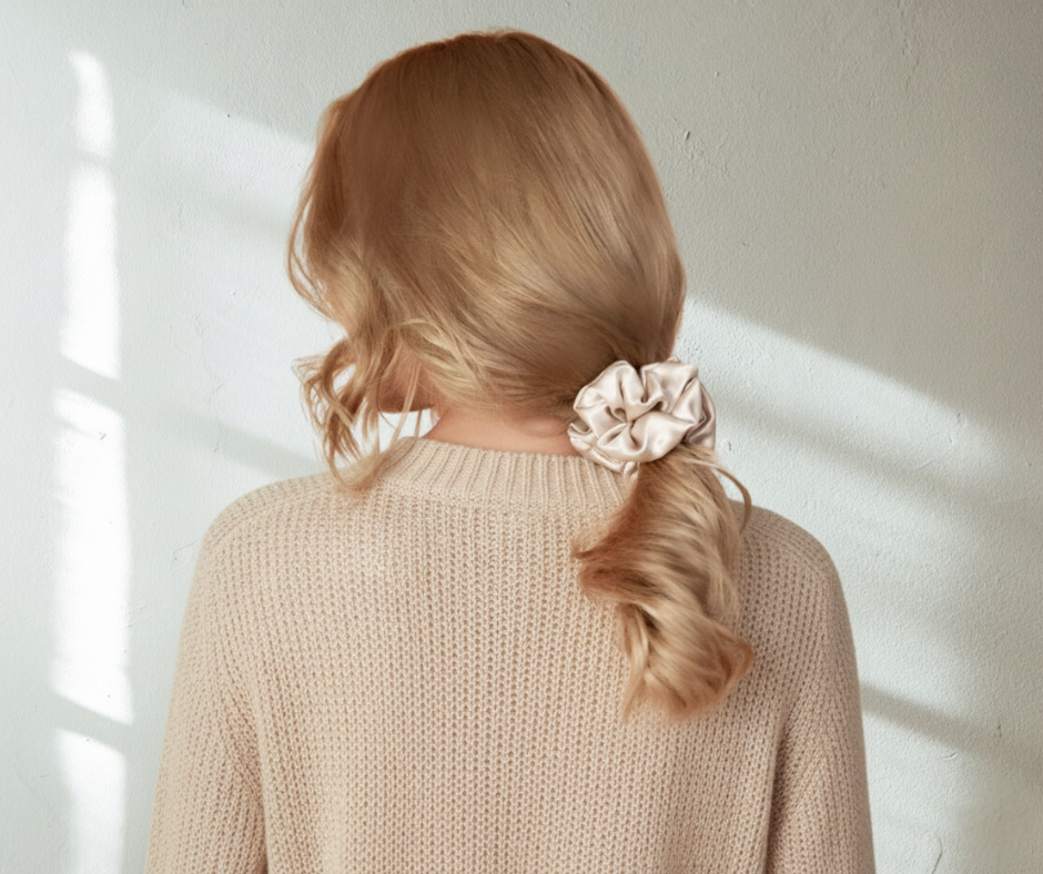 Person with a silk champagne  colored scrunchie in their hair against a white wall