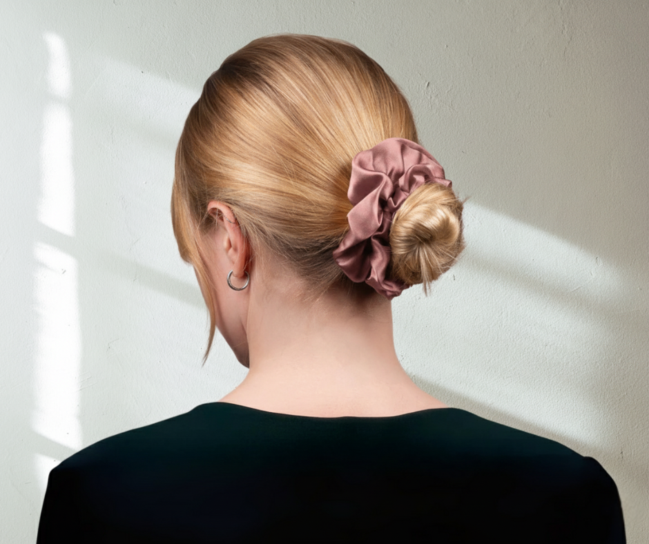 Woman with a bun and mauve silk scrunchie against a neutral background