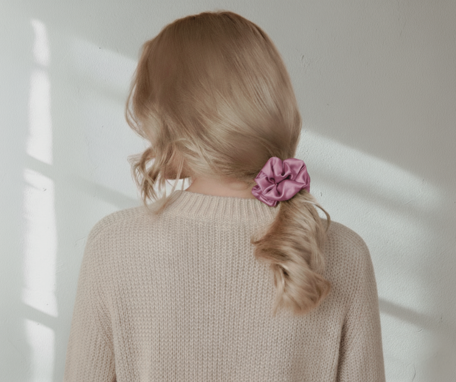 Mauve colored silk scrunchie in the hair of a model with low ponytail on light background.