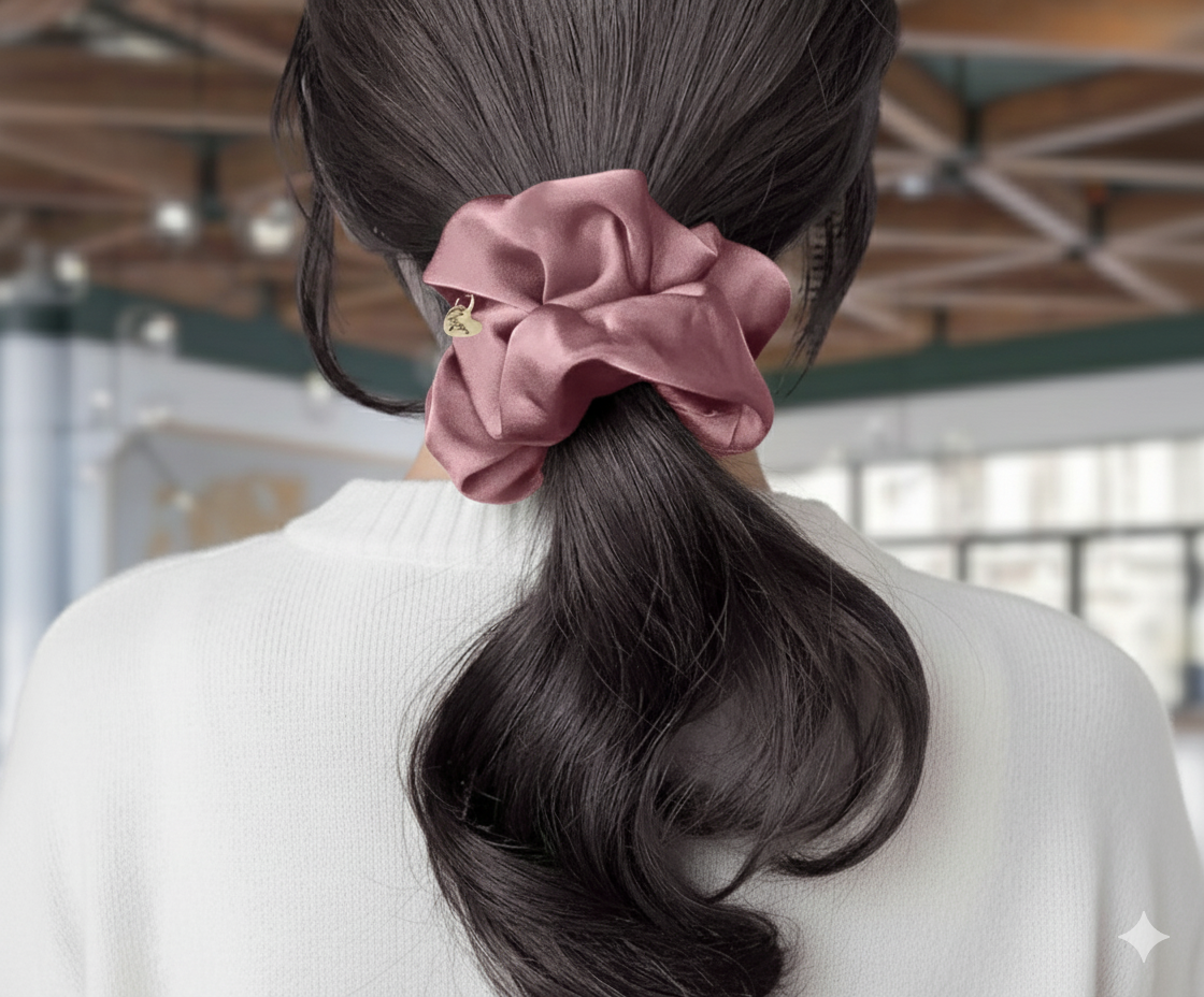 Mauve colored silk scrunchie in the hair of model with low ponytail with her back to viewer, background is room with brown beams and lots of windows.