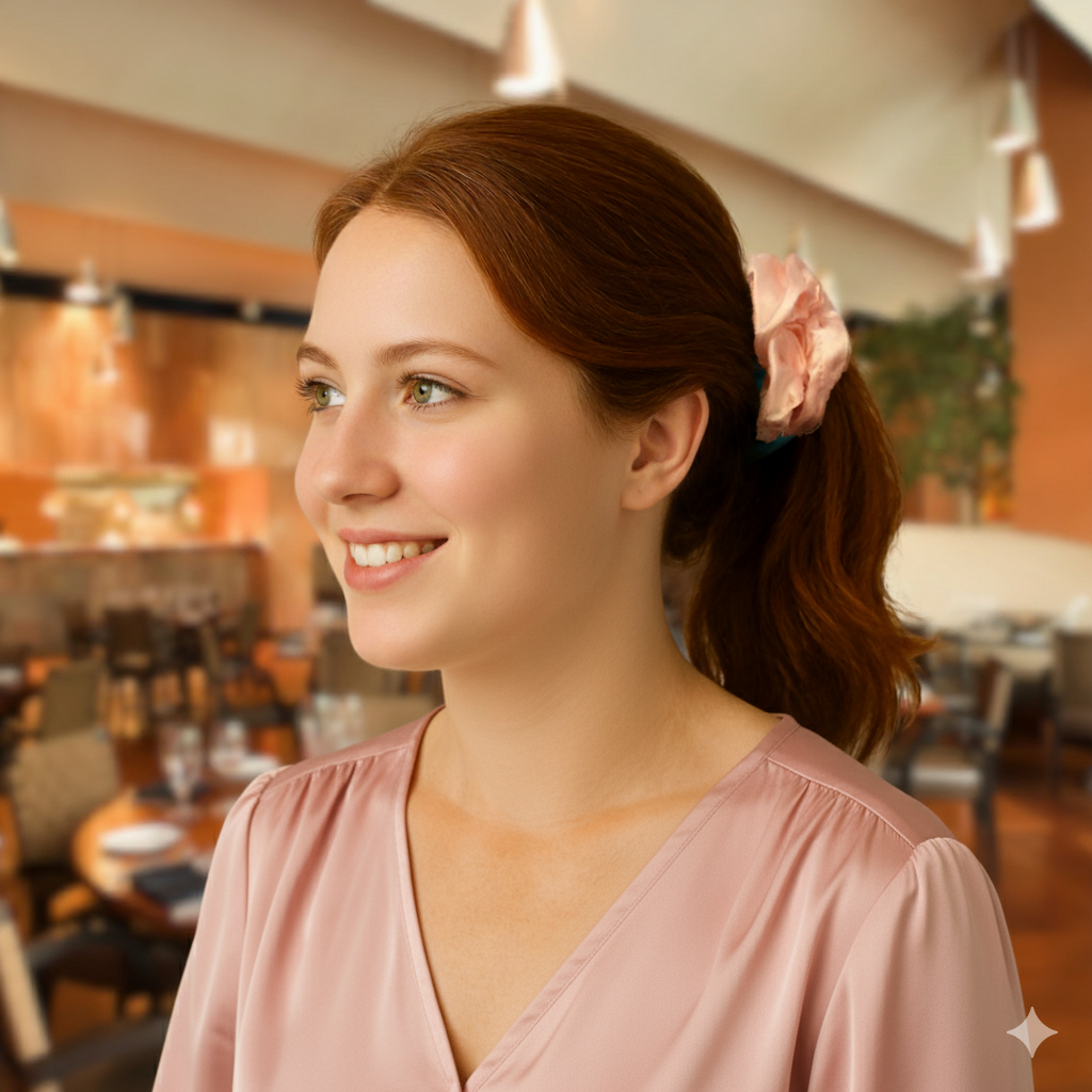 Ballerina pink colored silk scrunchie on model in restaurant.