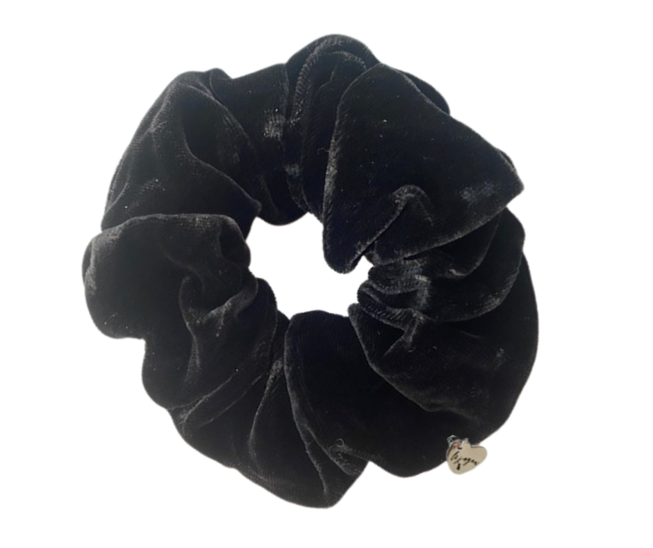 Black silk velvet scrunchie on a white background