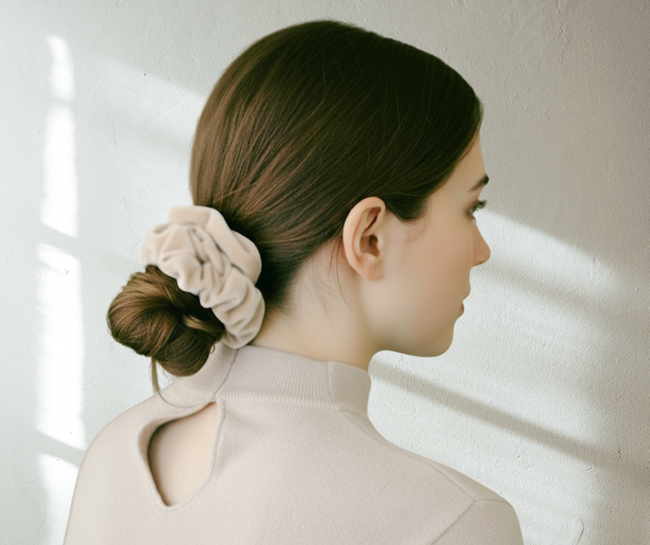 Model with a champagne colored silk velvet scrunchie in their hair, side-view, against a light colored background.