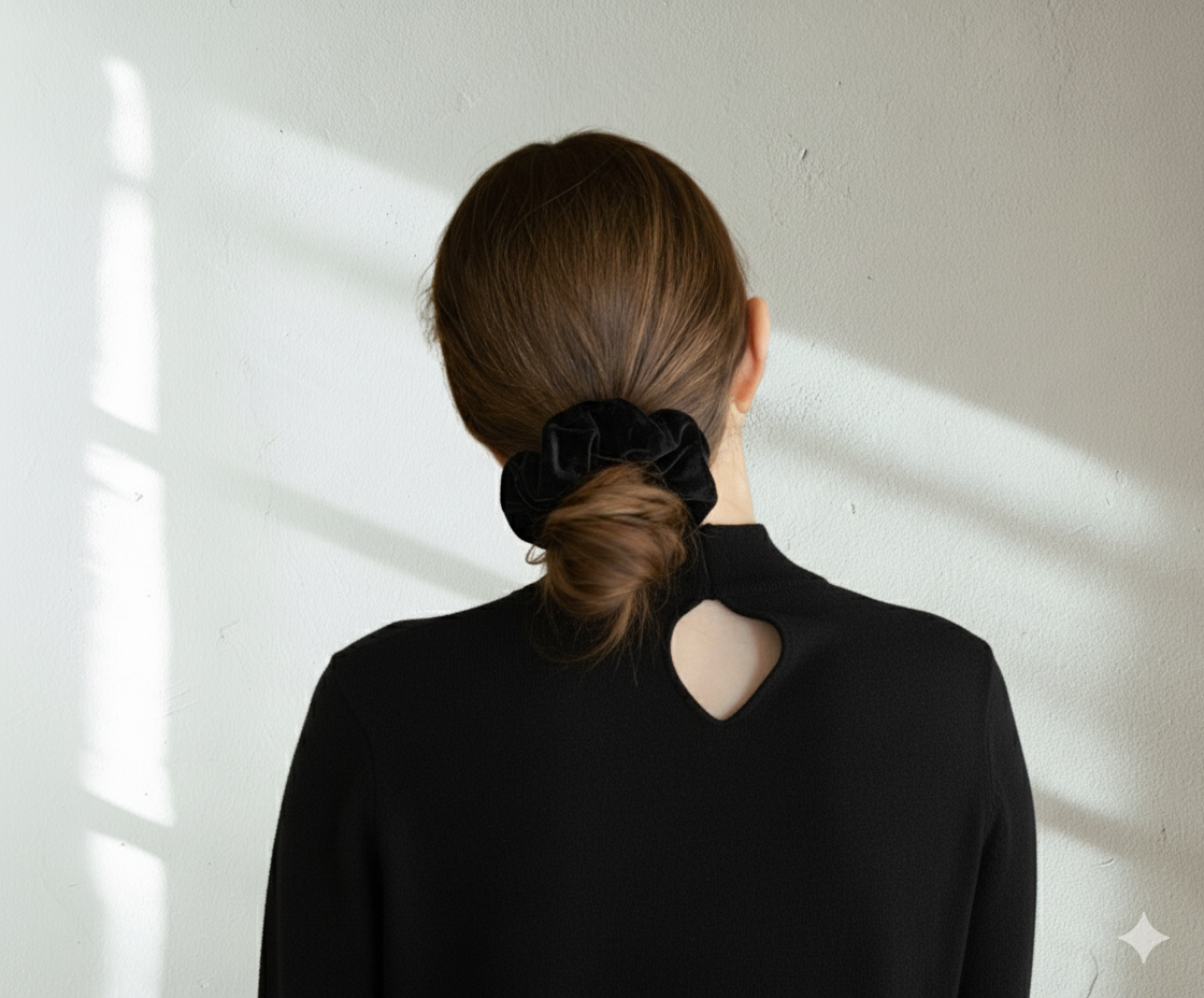 Model with a black silk velvet scrunchie in their hair with black sweater against a light 