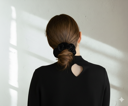 Model with a black silk velvet scrunchie in their hair with black sweater against a light 