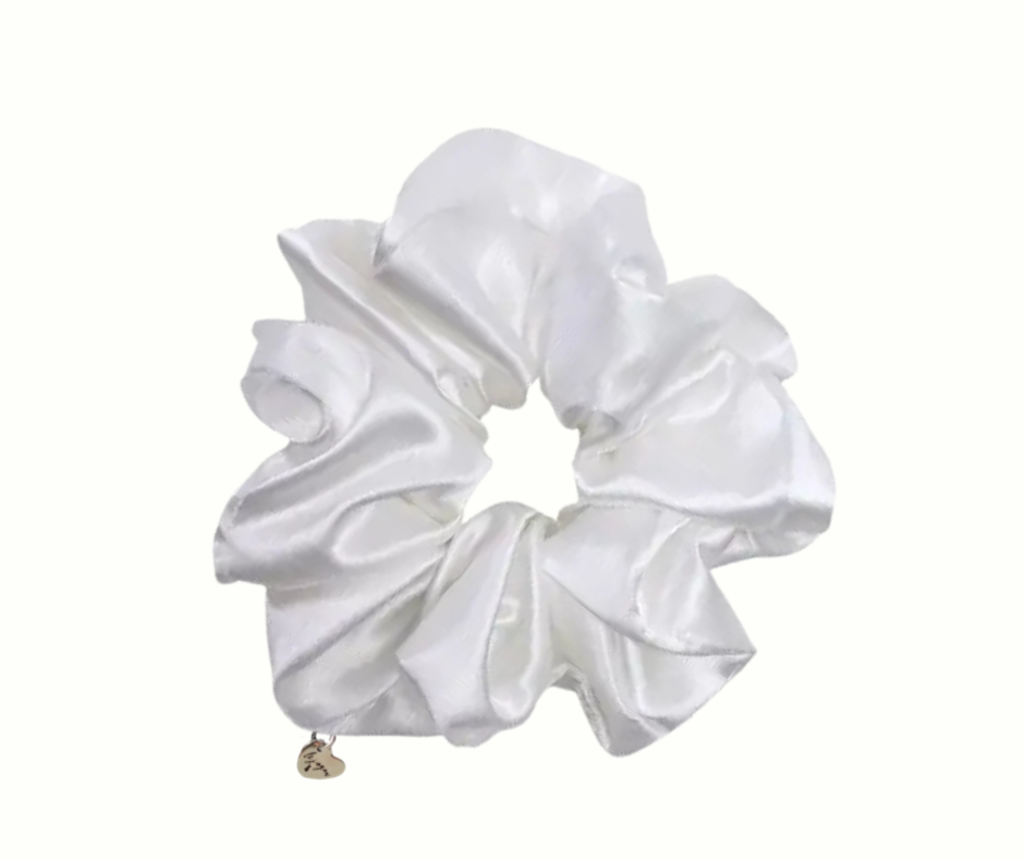 milk white silk scrunchie on a white background